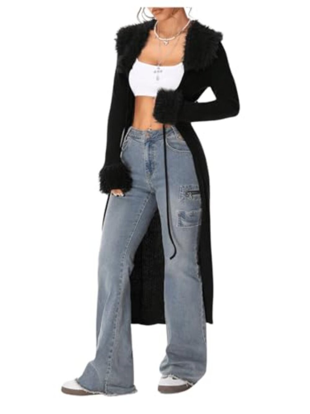 SOLY HUX Women's Fuzzy Faux Fur Trim Open Front Long Cardigan Sweater
